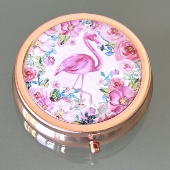 Spring Floral Pink Flamingo Rose Gold 3 Compartment Purse Travel Pill Box Holder - Picture 1 of 2